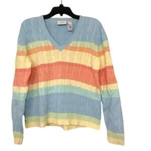 Y2K Lizgolf Pastel Rainbow Cable Knit Sweater L Preppy Golfcore 100% Cotton VTG